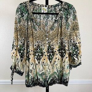 Fig & Flower Boho Animal Print Peasant Top XL Green Leopard Mixed Print Blouse